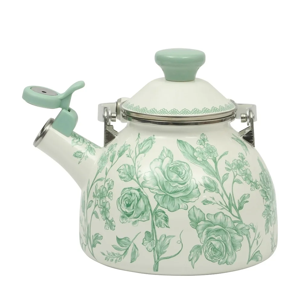 ❤️ 2025 The Pioneer Woman Agatha  Green and White Floral Whistling Tea Kettle